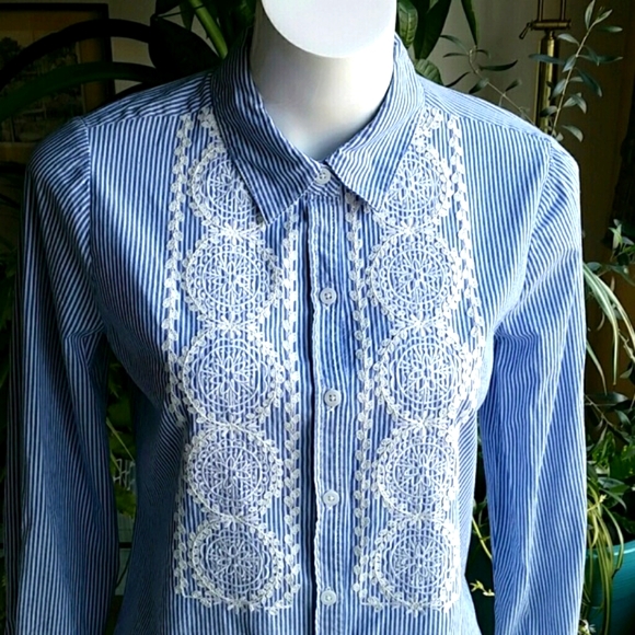 Tantrums Blue White Cotton Striped  Shirt Embrodery Lace Derailp Size Small - Picture 2 of 8